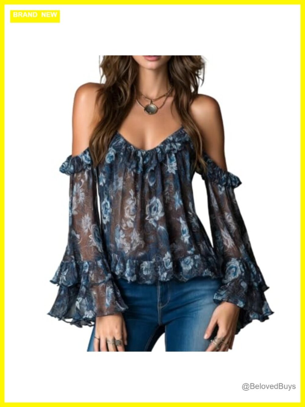 Cold Shoulder Floral Chiffon Blouse Choker Bell Sleeve Ruffle Top